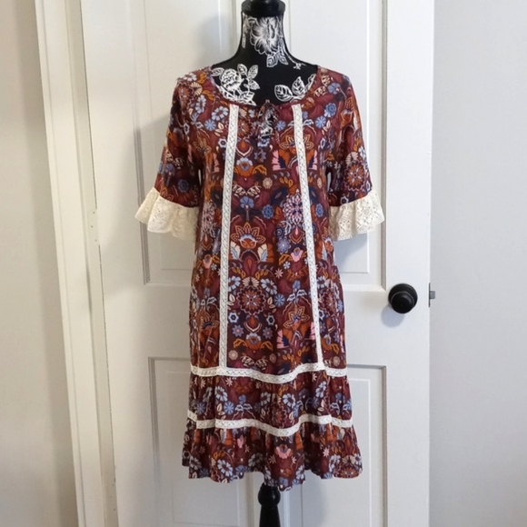 Matilda Jane Dresses & Skirts - 🤎Matilda Jane🤎 - Brown/Cream/Blue Intermission Damask Print Dress
